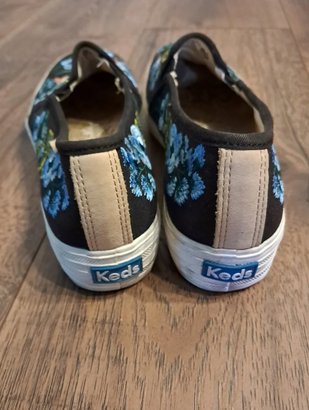 Keds Rifle Paper Co. Black Slip-On Sneakers with Blue Floral Embroidery
